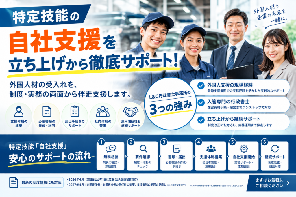 特定技能の「自社支援」を立ち上げから徹底サポート｜登録支援機関からの切り替え・支援体制の構築を行政書士が伴走